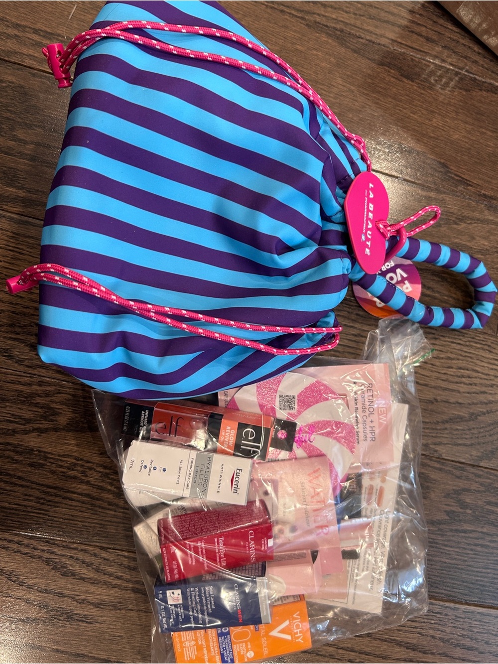 Mix beauty with Striped Blue & Purple Cosmetic Drawstring Pouch with Pink Cord